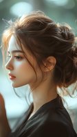 Young Asian woman with elegant messy bun hairstyle in profile view with soft natural lighting and bokeh background for beauty and fashion concepts.