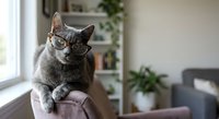 Gray tabby cat wearing stylish eyeglasses sitting on chair arm in modern living room with houseplants and natural window light for pet lifestyle content.
