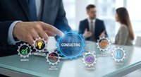 Business consultant touching digital consulting interface with strategy icons while team discusses solutions in modern office environment.