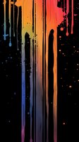 Colorful paint drips in rainbow spectrum against black background, creating dramatic contrast with vertical streaks and splatter effects.