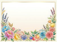 Watercolor floral border frame with colorful roses, peonies, lavender, and fruits on a soft pastel background with gold outline.
