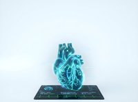 Glowing turquoise holographic human heart anatomy model displayed on dark base with circuit patterns, isolated on white background for medical education and healthcare design projects.