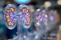 Glowing anatomical model of human kidneys with intricate internal structures illuminated in purple and gold colors against blurred medical background.