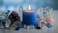 Blue candle burning surrounded by healing crystals, gemstones and dried flowers creating peaceful meditation and wellness atmosphere for spiritual practices.