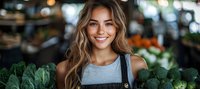Young Caucasian woman with long wavy hair and bright smile wearing gray tank top standing among fresh green produce at farmers market or grocery store. Healthy lifestyle concept.