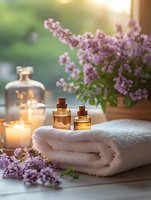 Aromatic massage oils, soft white towels, and fresh lilac flowers create serene spa atmosphere with glowing candles on wooden surface in natural morning light.