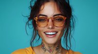 Young Asian woman with neck tattoo wearing stylish spotted eyeglasses and yellow top smiles genuinely against turquoise background, showing modern fashion and self-expression.