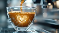 Fresh coffee pouring into double wall glass cup with heart latte art pattern, golden brown liquid stream against blurred cafe background.