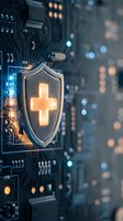Digital healthcare cybersecurity shield with glowing medical cross on circuit board background for technology and data protection concepts.