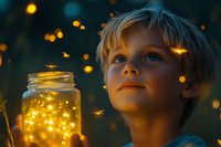 Young Caucasian boy holding illuminated glass jar at dusk with fireflies glowing in warm summer evening, magical childhood moment captured in golden light.