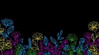 Colorful neon floral border on black background with glowing outline flowers and leaves for modern design projects and digital artwork decoration.