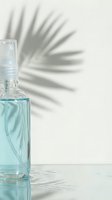 Turquoise fragrance bottle with spray atomizer on white marble surface, palm leaf shadow creating tropical aesthetic for cosmetics and beauty product marketing.