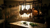 Rustic farmhouse kitchen interior with copper pots hanging from wrought iron rack above wooden table with herbs and warm sunlight streaming through window.