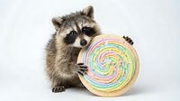 Adorable raccoon holding colorful rainbow swirl lollipop candy on white background. Cute woodland animal with sweet treat isolated for design use.