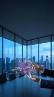 Business executive hands presenting digital data governance network with compliance icons in modern office overlooking city skyline at dusk.
