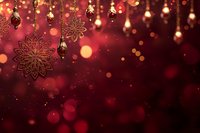 Festive red Christmas background with golden ornaments and warm bokeh lights creating magical holiday atmosphere for seasonal decorations and greetings.