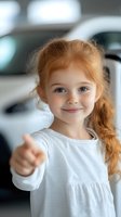 Young girl with red hair and freckles wearing white dress shows thumbs up gesture while smiling warmly at camera, blurred background creates soft portrait effect.