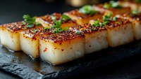 Grilled tofu blocks with caramelized surface and fresh herbs on dark slate board. Plant-based protein meal for healthy cooking and vegetarian cuisine.