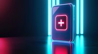 Glowing medical cross on smartphone screen with neon blue and pink lighting effects on dark background, modern healthcare technology concept.