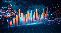 Digital data visualization with glowing bar charts and network connections on dark tech background for business analytics and financial reporting.
