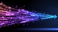 Magical glowing arrow made of sparkling particles flowing from pink to blue colors on dark background, creating dynamic motion effect for design projects.