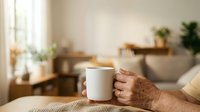 Senior man with brown skin holding white ceramic mug with wooden lid in bright modern living room with plants and natural light, lifestyle beverage concept.