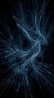 Abstract blue light streaks swirl in dynamic motion against dark background, creating flowing energy waves with glowing particles for technology and digital design concepts.