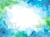 Watercolor ocean waves frame with swirls and bubbles in blue and green tones, isolated white center space for text or design elements on transparent background.