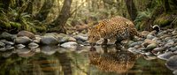 Leopard drinking water from forest stream with perfect reflection, surrounded by rocks and lush tropical vegetation in natural wildlife habitat.