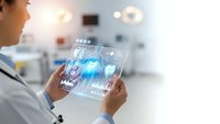 Female doctor using futuristic transparent tablet with holographic medical data display in modern hospital setting for healthcare technology applications.