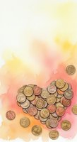 Heart-shaped arrangement of golden coins on soft watercolor background symbolizing love for money, wealth and financial success in relationships.