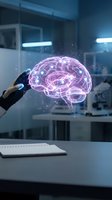 Glowing holographic brain held by a hand in a futuristic lab, representing AI, neuroscience, and digital medicine innovation.