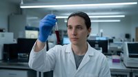 Caucasian male scientist in white lab coat and blue gloves examining blood sample vial in modern laboratory setting for medical research and healthcare applications.