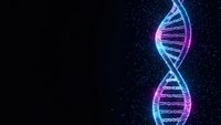 Glowing DNA double helix structure with neon blue and purple lights against dark starry background for science and biotechnology concepts.
