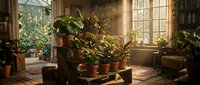Cozy indoor plant corner with potted greenery on wooden stand near sunny window creating warm homey atmosphere for interior design projects.