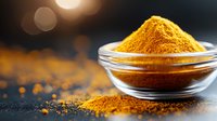 Ground turmeric powder in glass bowl on dark background with scattered spice and golden bokeh lights, aromatic Indian seasoning for cooking and wellness.
