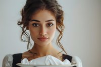 Young Mediterranean woman with curly dark hair and natural makeup wearing black dress holding white plate, looking at camera with gentle smile. Soft daylight portrait.