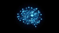 Glowing blue digital brain with interconnected nodes and circuit patterns on black background, representing artificial intelligence, machine learning, and neural networks for tech concepts.
