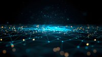 Glowing network connections with blue light dots and lines on dark background creating futuristic technology landscape. Abstract digital communication concept.