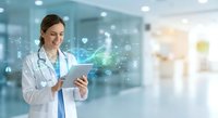 Young female doctor using digital tablet with holographic medical data interface in modern hospital corridor for healthcare technology applications.
