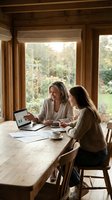Two professional women collaborating on laptop in rustic wooden dining room with garden view, discussing business strategy over coffee.