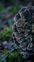 Turkey tail mushroom growing on tree trunk in forest with natural bokeh background for nature and fungi photography projects.