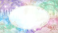Enchanted fairy tale forest frame with magical rainbow colors, sparkles and oval copy space for text or design elements on pastel gradient background.