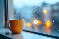 Steaming orange coffee mug on windowsill with rain drops on glass and blurred city lights bokeh creating cozy atmospheric mood during rainy evening.