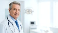 Confident mature male doctor with stethoscope smiling in modern medical office. Professional healthcare physician ready for patient consultation and treatment.