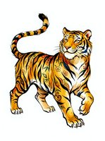 Ornate tiger with decorative patterns and flourishes walking forward, isolated on white background, suitable for clipart, t-shirt design, and print applications.