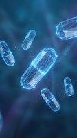 Glowing wireframe capsule pills floating in a futuristic blue digital space, representing advanced pharmaceutical technology and medical innovation.