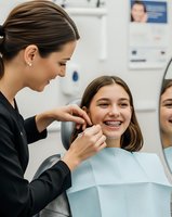Female orthodontist examining teenage girl patient with braces in modern dental clinic office during routine checkup appointment.
