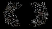 Elegant line art crescent moons with doves, roses and hearts isolated on black background for romantic wedding invitations and love-themed designs.