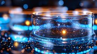 Glowing particles in glass container with blue light effects and bokeh background create magical atmosphere for science and fantasy concepts.